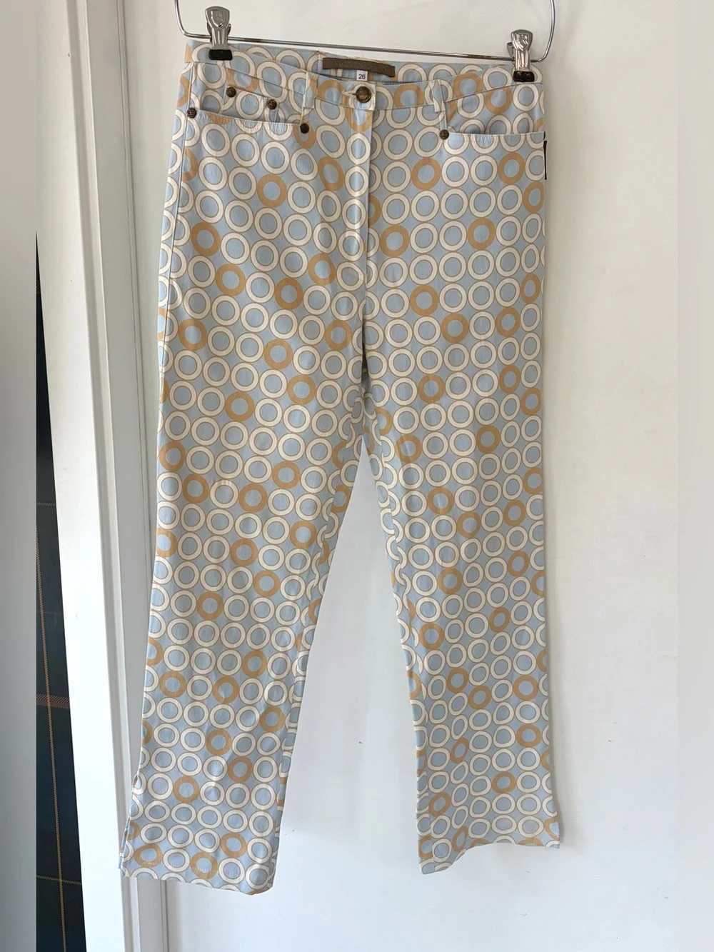 Valentino Jeans 5 pocket pants, lt blue, tan circles, cropped, hem slits, 26,GUC - Picture 3 of 13